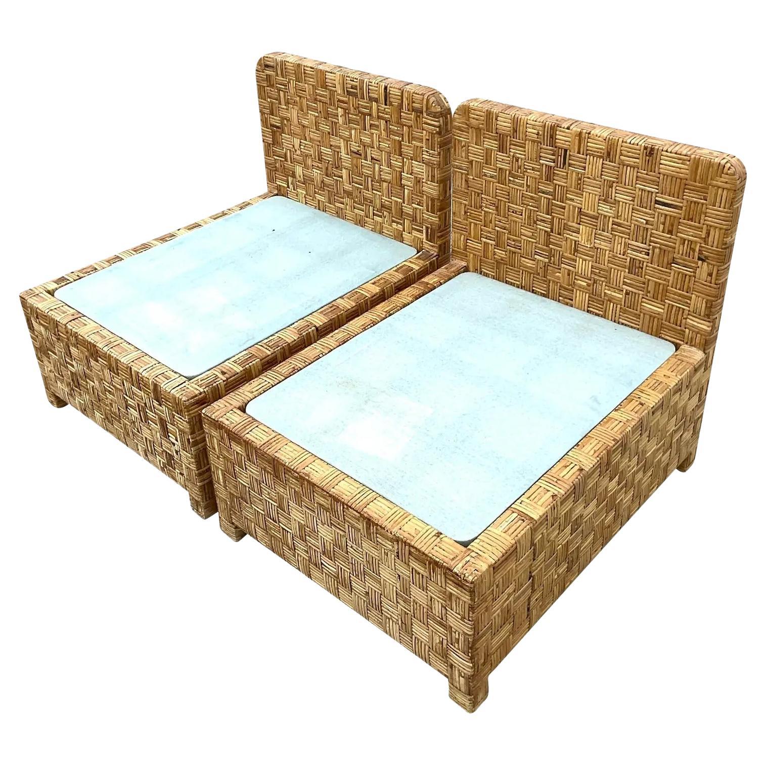 Vintage Coastal Woven Rattan Slipper Chairs, a Pair