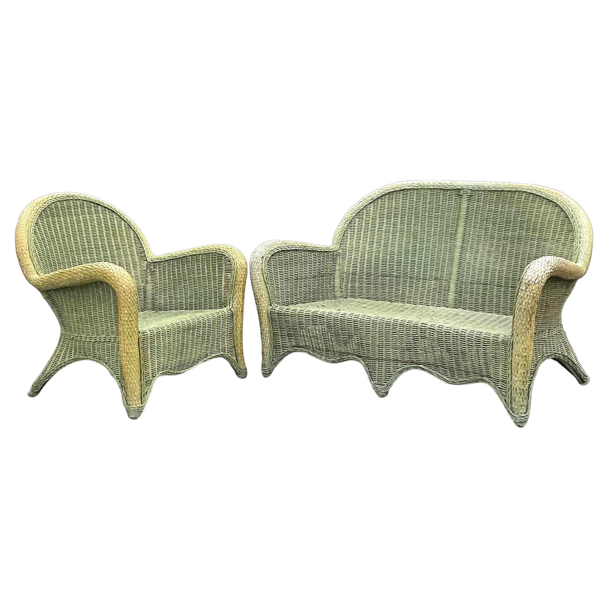 Vintage Coastal Woven Rattan Sofa Set For Sale