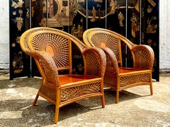 Vintage Coastal Woven Rattan Spider Wed Lounge Chairs, a Pair