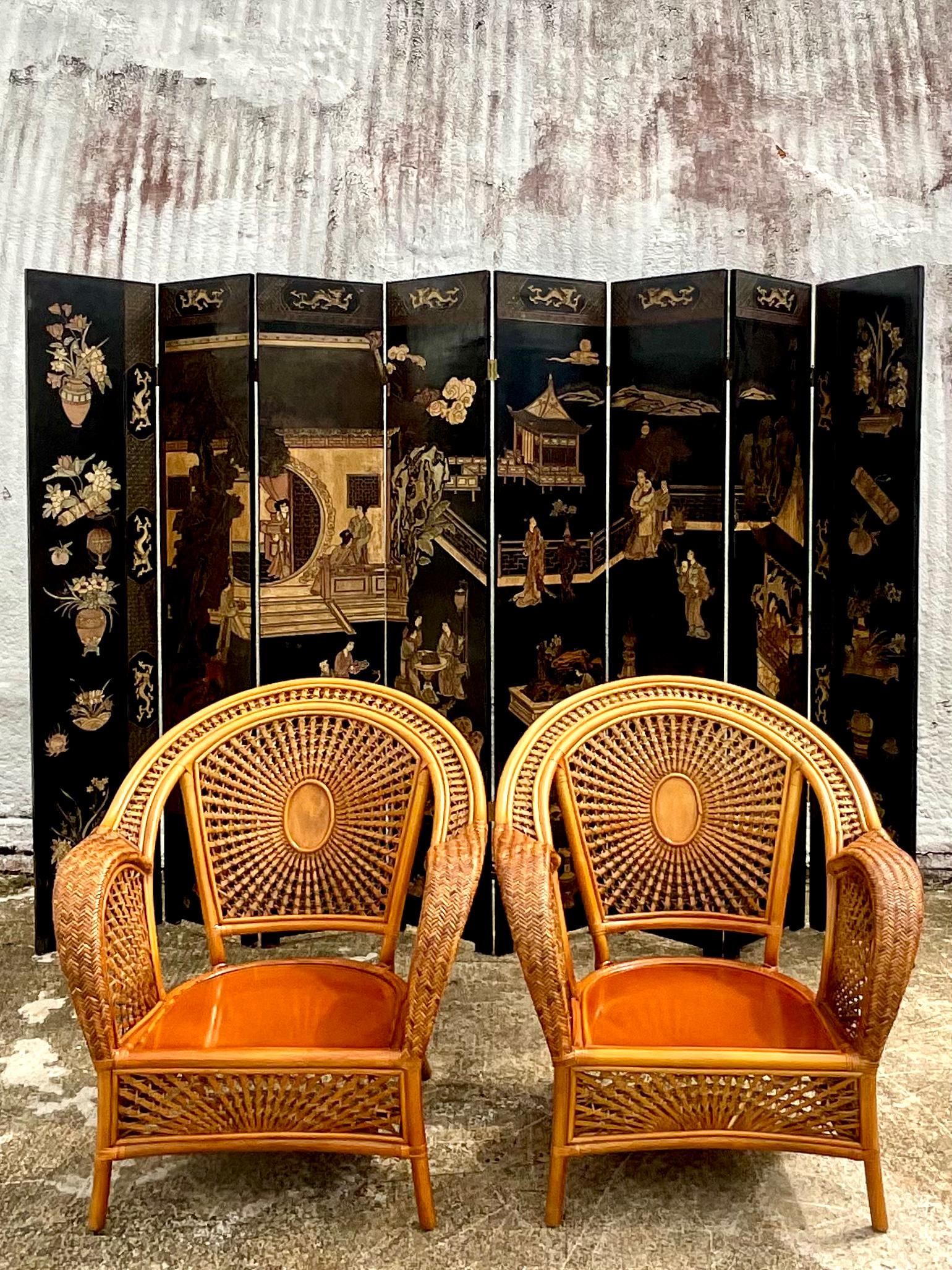 Philippine Vintage Coastal Woven Rattan Spider Wed Lounge Chairs, a Pair