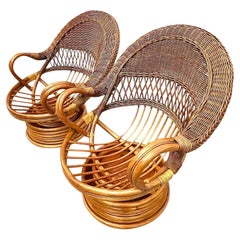 Vintage Coastal Woven Rattan Spiral Chairs, a Pair