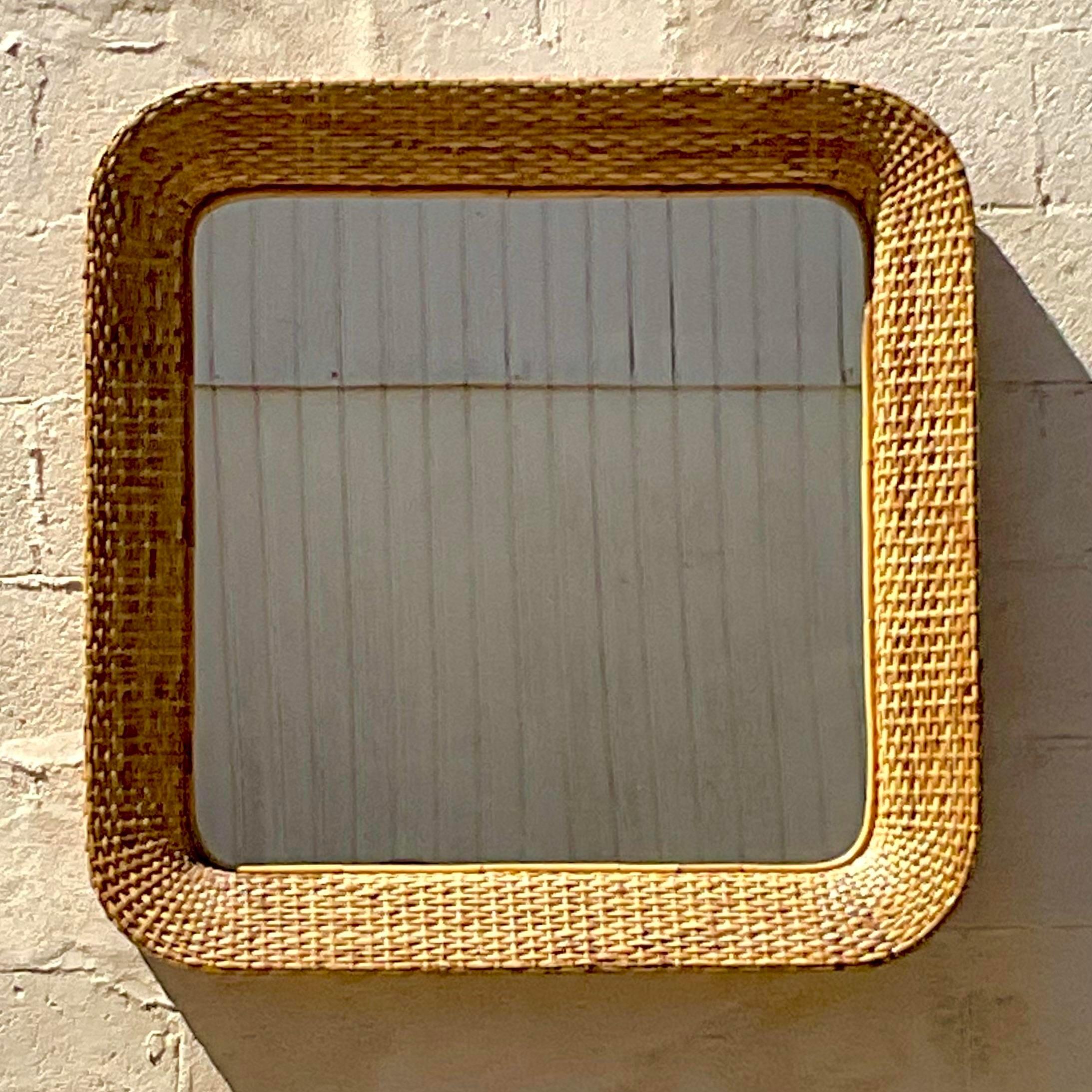 Vintage Coastal Woven Rattan Square Mirror In Good Condition In west palm beach, FL