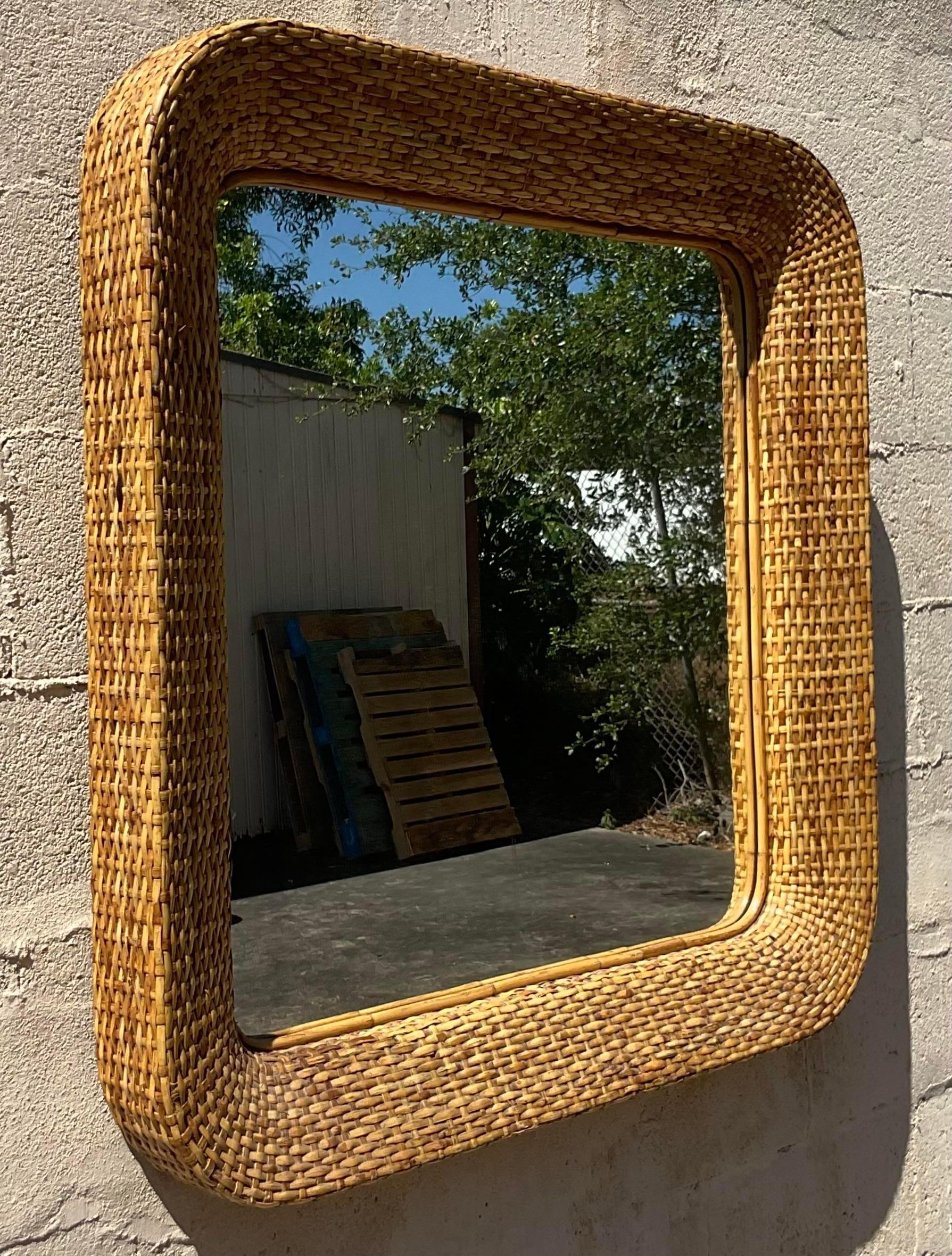 Vintage Coastal Woven Rattan Square Mirror 1