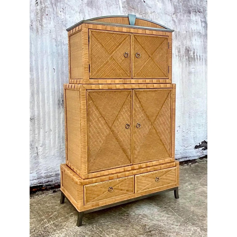 Vintage Coastal Woven Rattan Stacked Armoire at 1stDibs
