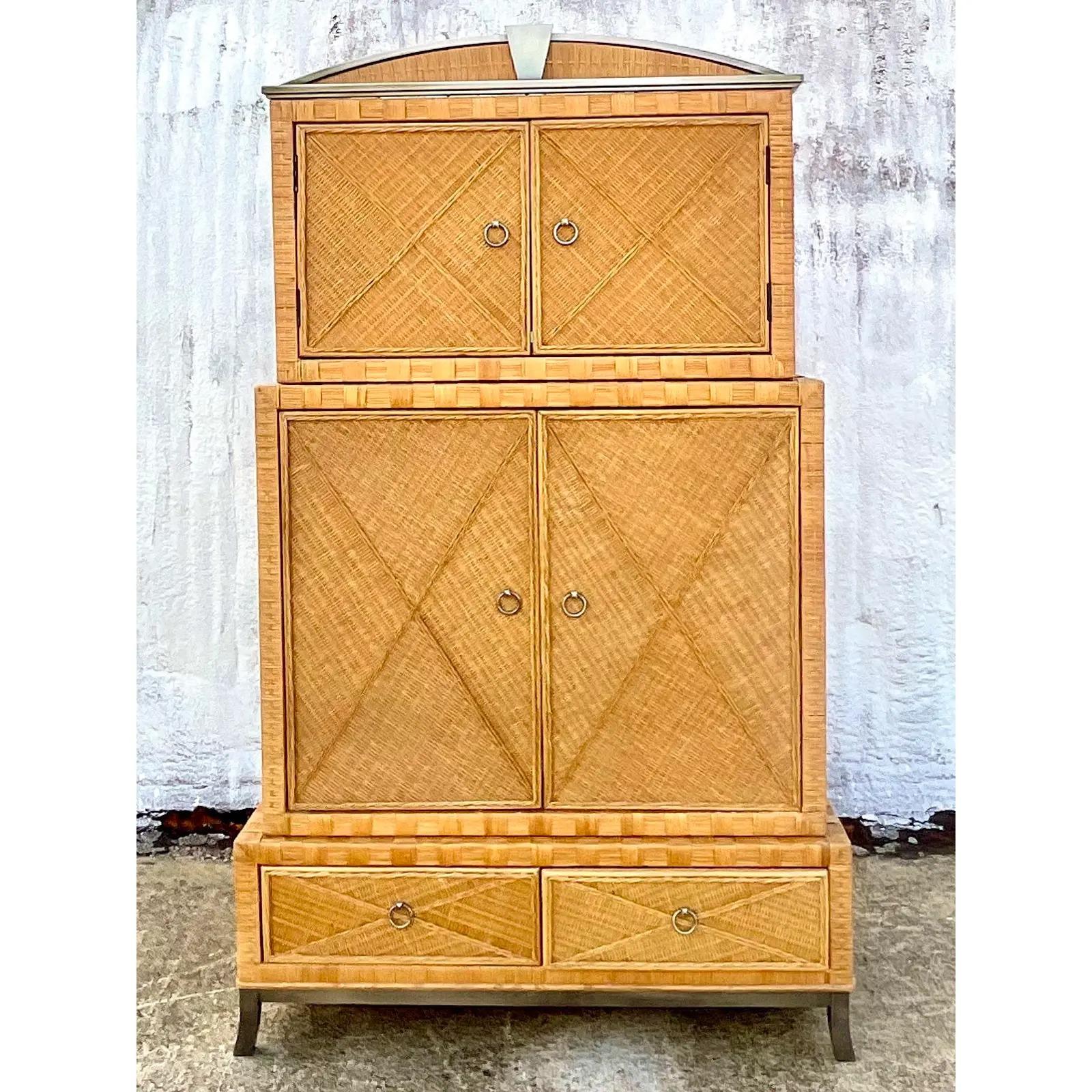 Philippine Vintage Coastal Woven Rattan Stacked Armoire