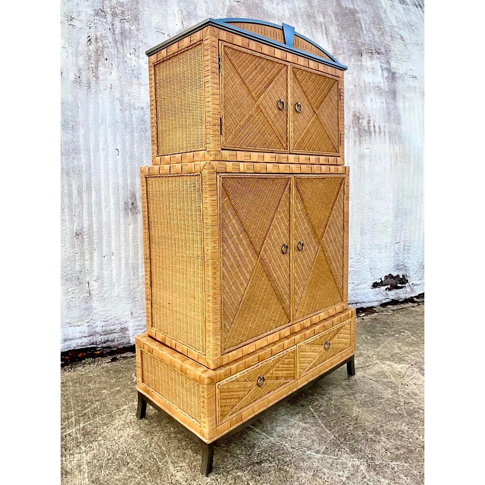 Vintage Coastal Woven Rattan Stacked Armoire In Good Condition In west palm beach, FL