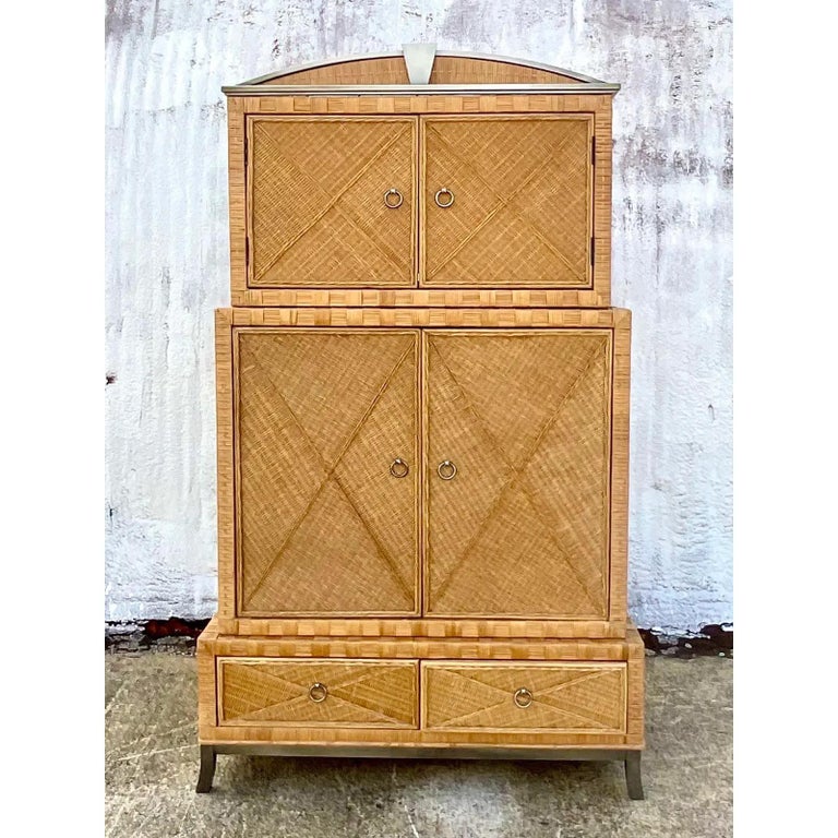 Vintage Coastal Woven Rattan Stacked Armoire at 1stDibs