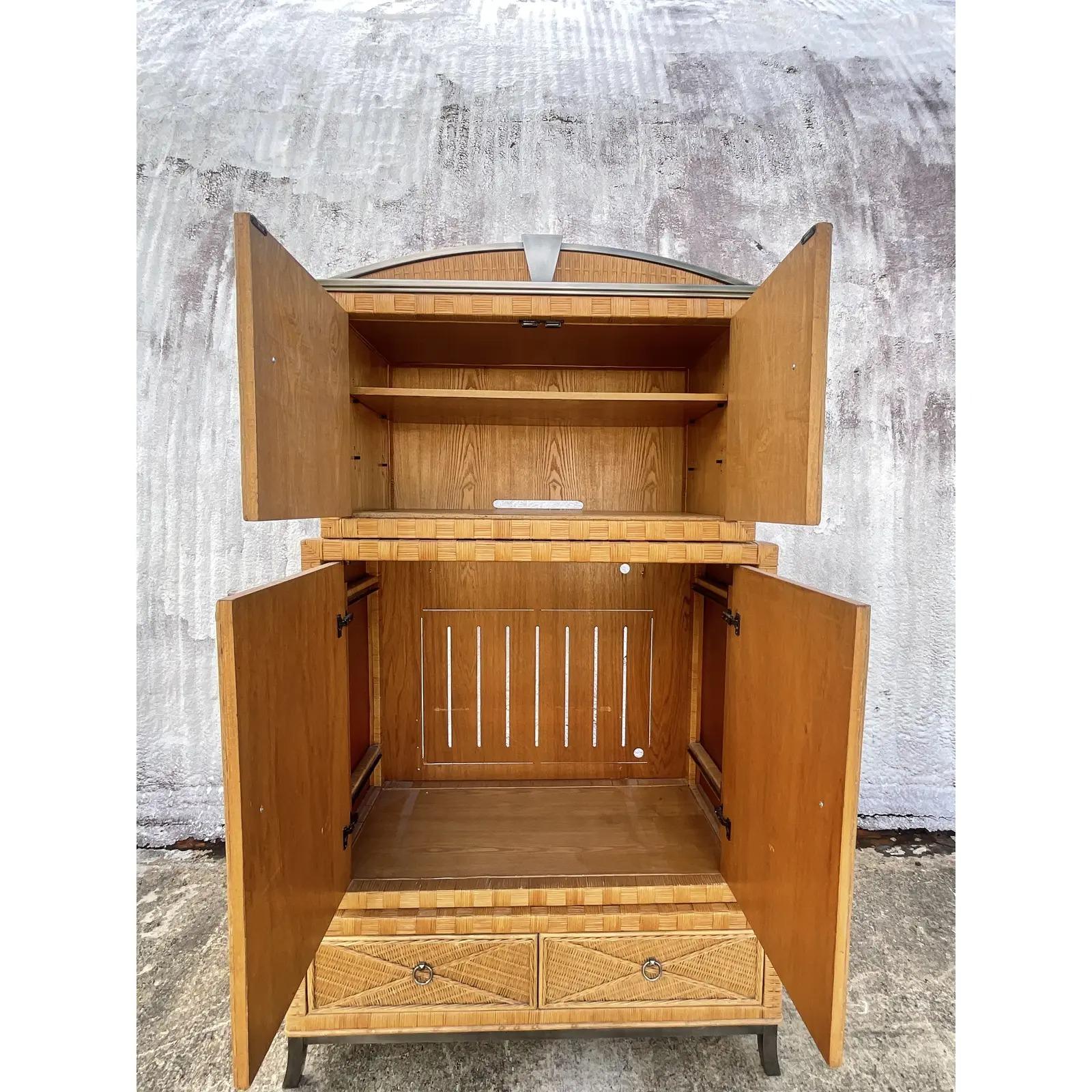20th Century Vintage Coastal Woven Rattan Stacked Armoire