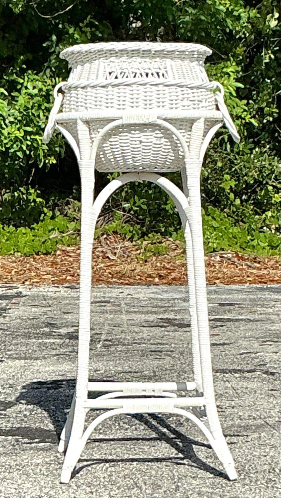 Philippine Vintage Coastal Woven Rattan Standing Plant Pedestal For Sale