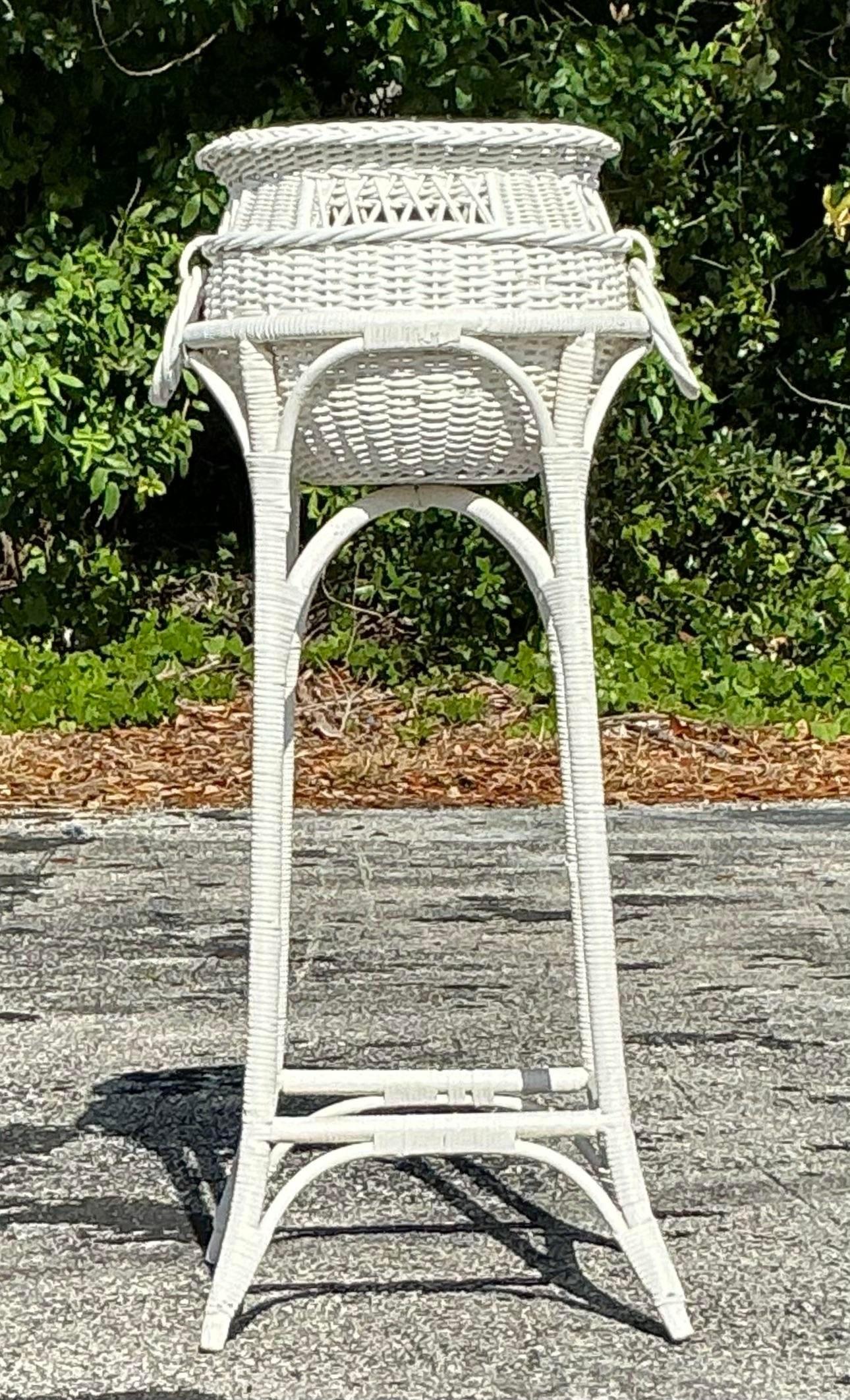 20th Century Vintage Coastal Woven Rattan Standing Plant Pedestal For Sale