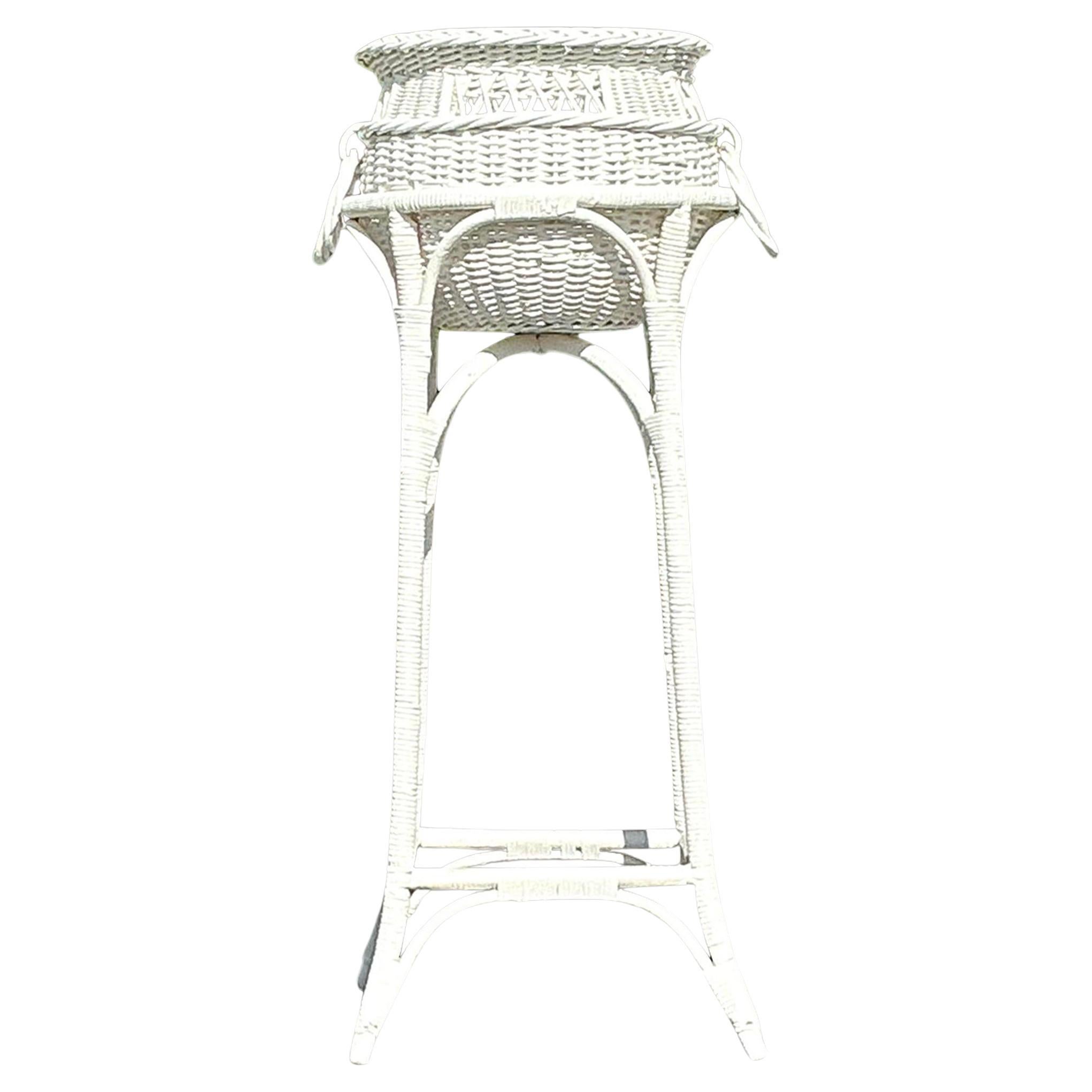 Vintage Coastal Woven Rattan Standing Plant Pedestal