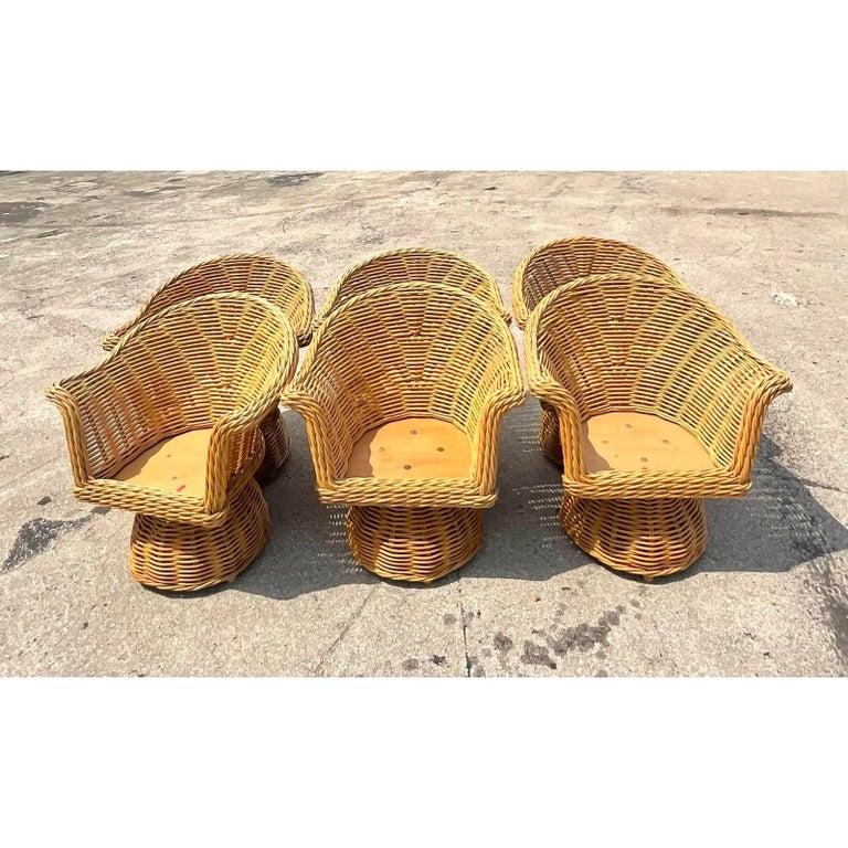 Vintage Coastal Woven Rattan Swivel Dining Chairs, Set of Six at 1stDibs