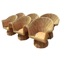 Vintage Coastal Woven Rattan Swivel Dining Chairs, Set of Six