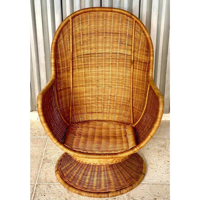 Vintage Coastal Woven Rattan Swivel Egg Chair at 1stDibs