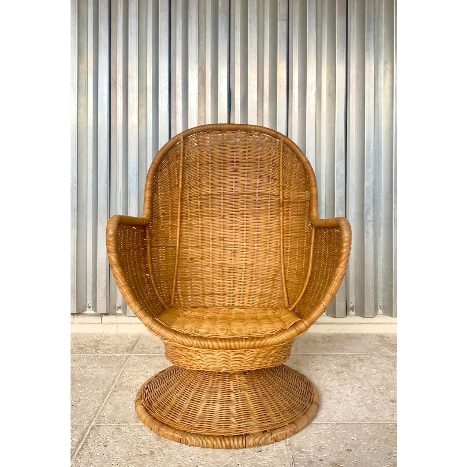 Philippine Vintage Coastal Woven Rattan Swivel Egg Chair
