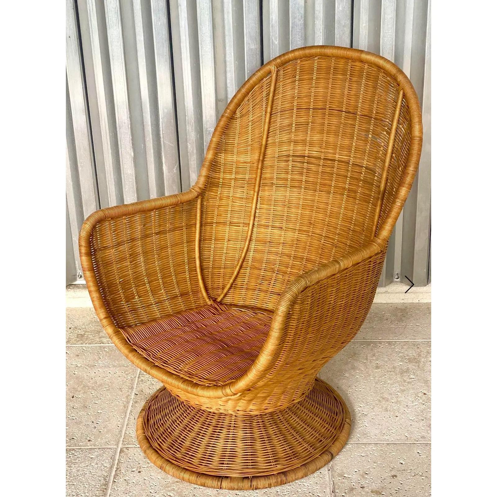 Vintage Coastal Woven Rattan Swivel Egg Chair In Good Condition In west palm beach, FL