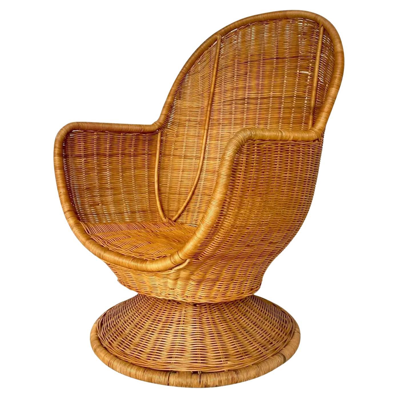 Vintage Coastal Woven Rattan Swivel Egg Chair