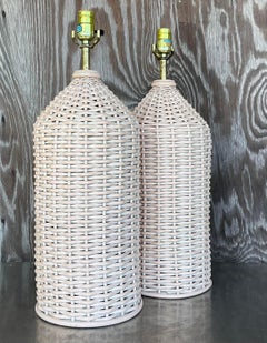 Vintage Coastal Woven Rattan Table Lamps - a Pair
