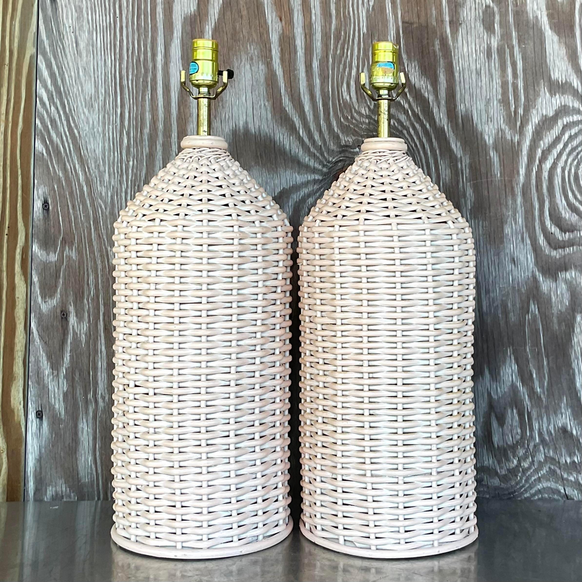 Bohemian Vintage Coastal Woven Rattan Table Lamps - a Pair For Sale