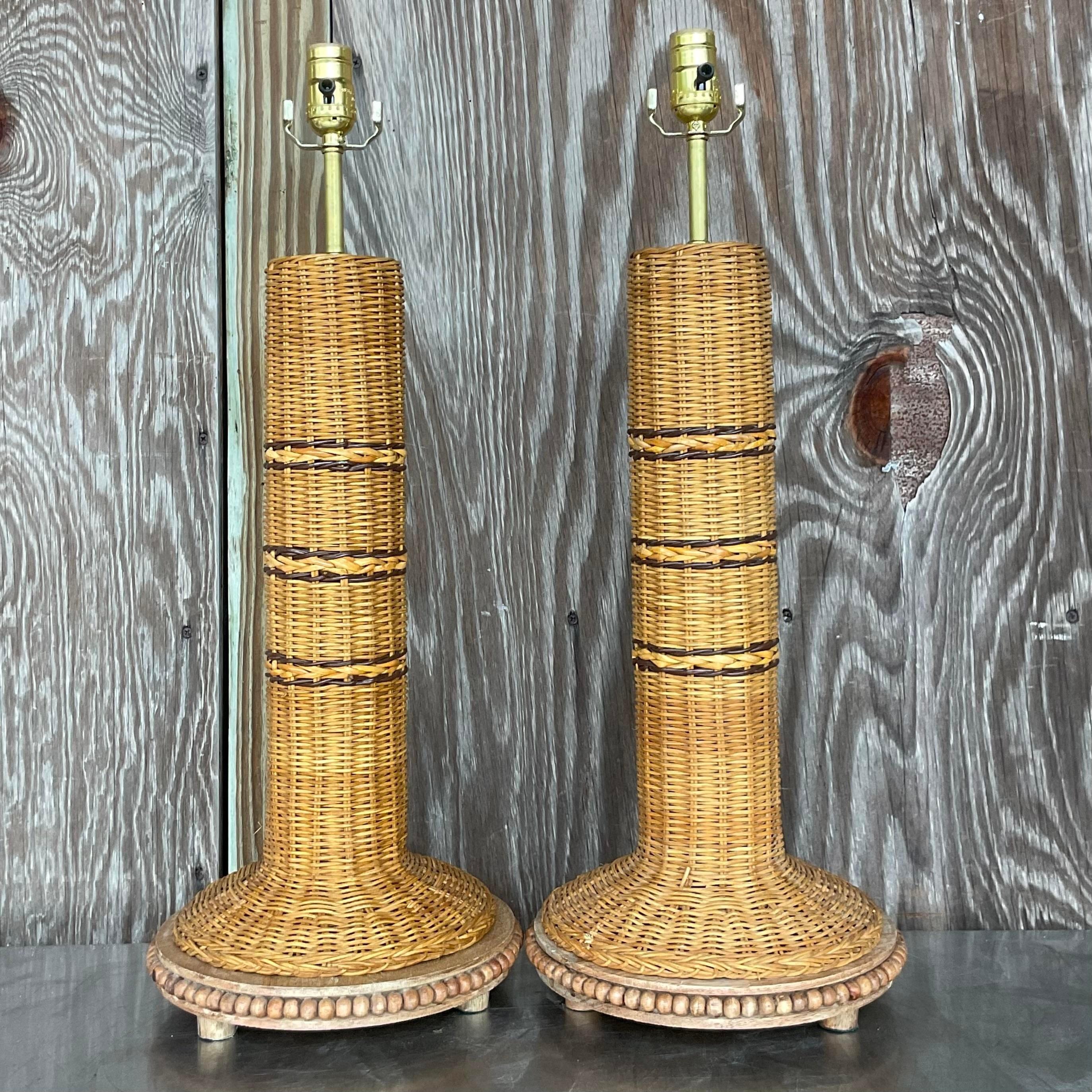 Vintage Coastal Woven Rattan Table Lamps - a Pair In Good Condition For Sale In west palm beach, FL