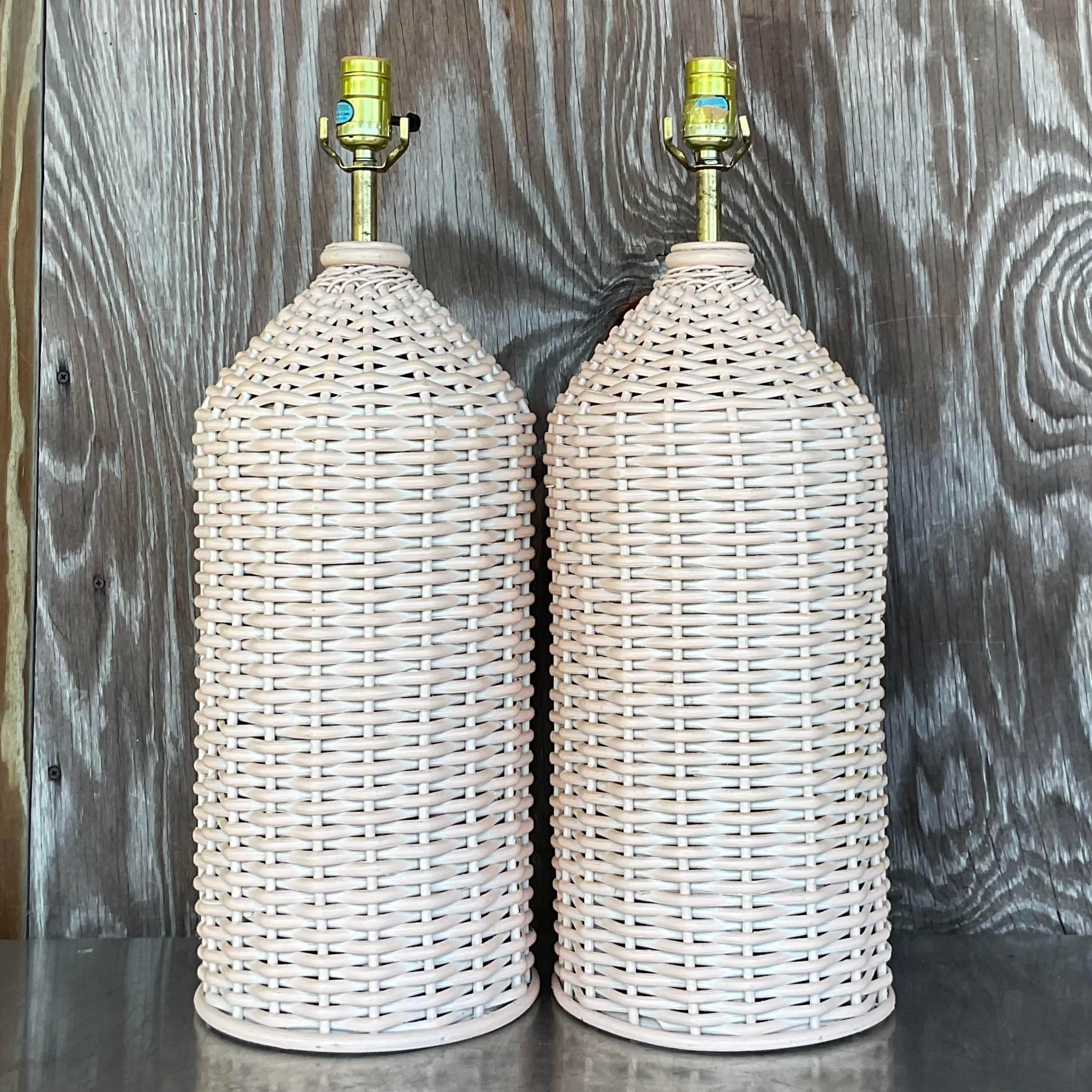Vintage Coastal Woven Rattan Table Lamps - a Pair In Good Condition For Sale In west palm beach, FL