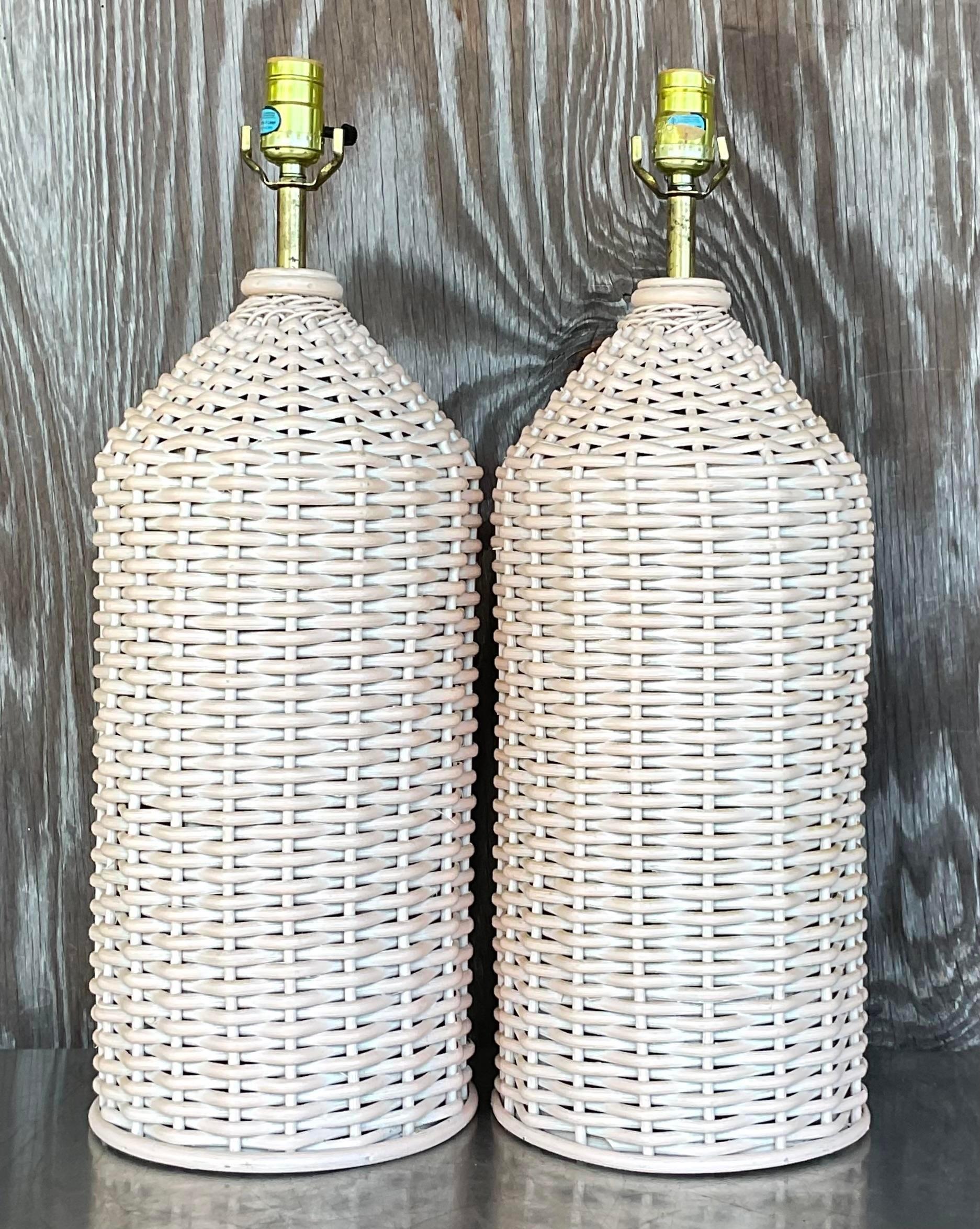 20th Century Vintage Coastal Woven Rattan Table Lamps - a Pair For Sale
