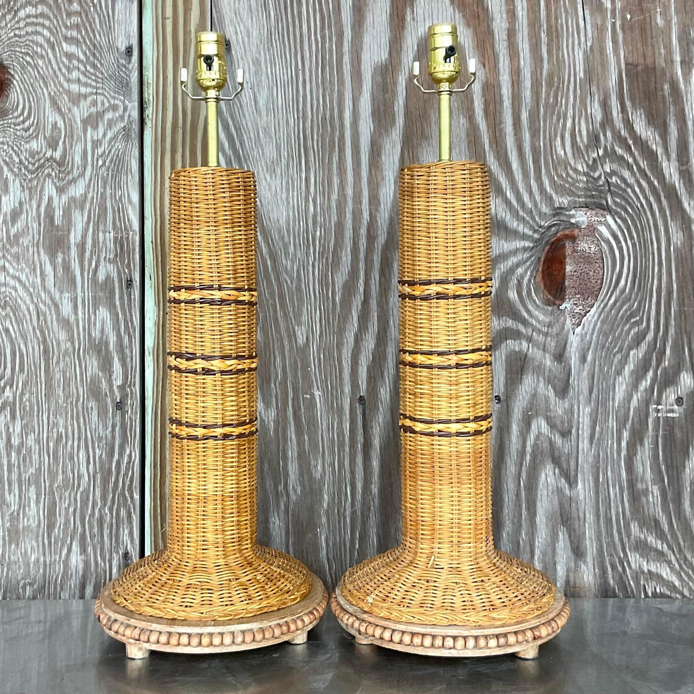 Vintage Coastal Woven Rattan Table Lamps - a Pair For Sale 1