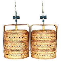 Vintage Coastal Woven Rattan Table Lamps, a Pair