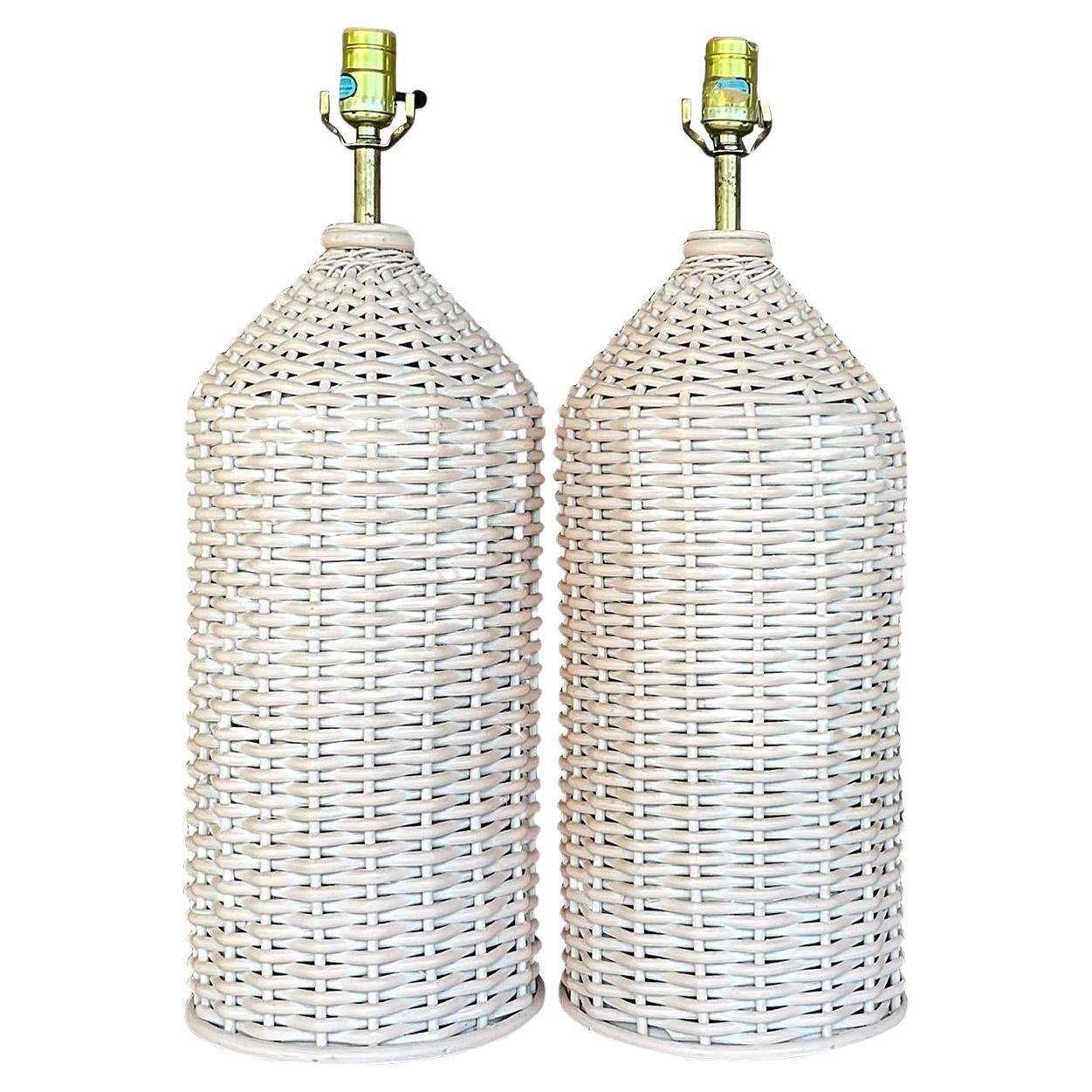 Vintage Coastal Woven Rattan Table Lamps - a Pair For Sale
