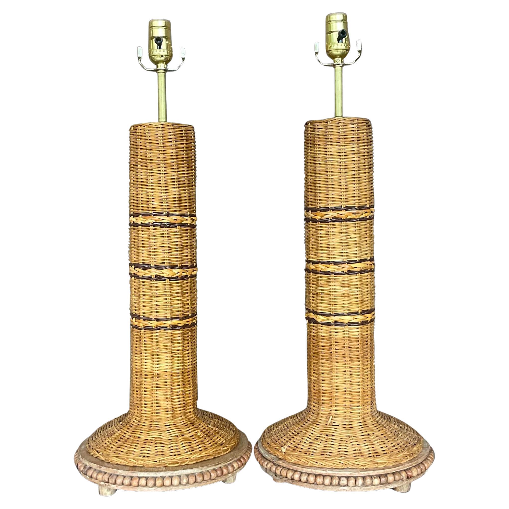 Vintage Coastal Woven Rattan Table Lamps - a Pair For Sale