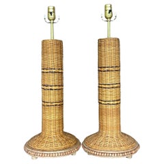 Used Coastal Woven Rattan Table Lamps - a Pair