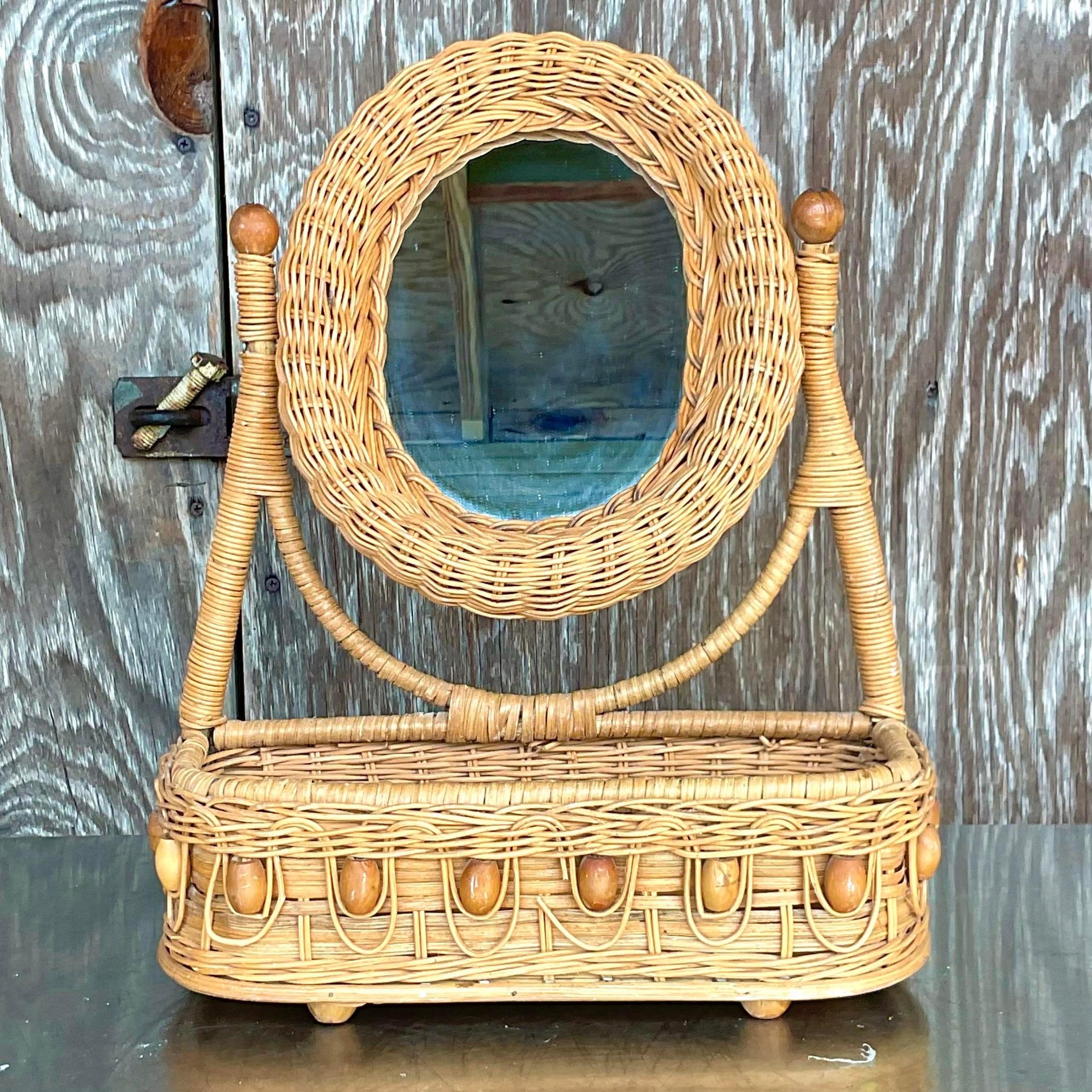 Mid-Century Modern Vintage Coastal Woven Rattan Tabletop Mirror