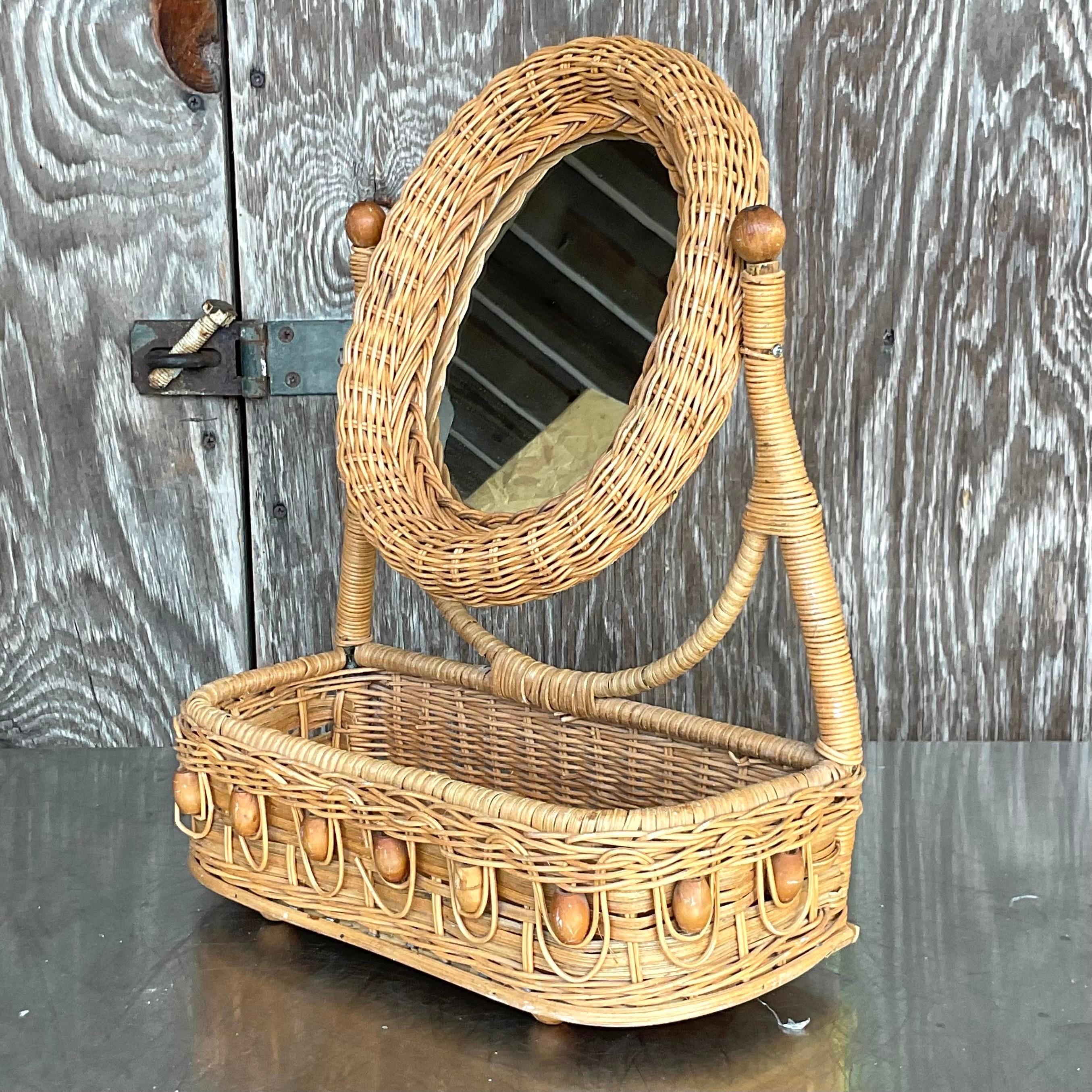 Vintage Coastal Woven Rattan Tabletop Mirror In Good Condition In west palm beach, FL