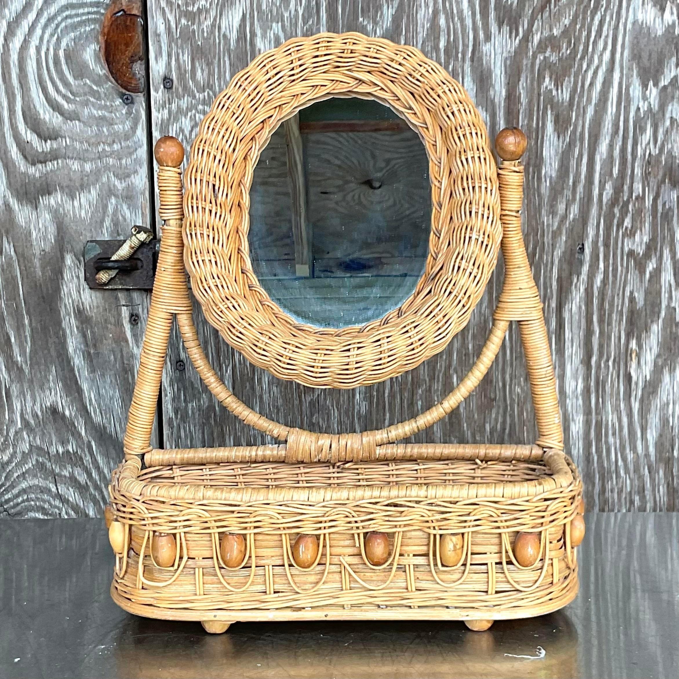 20th Century Vintage Coastal Woven Rattan Tabletop Mirror