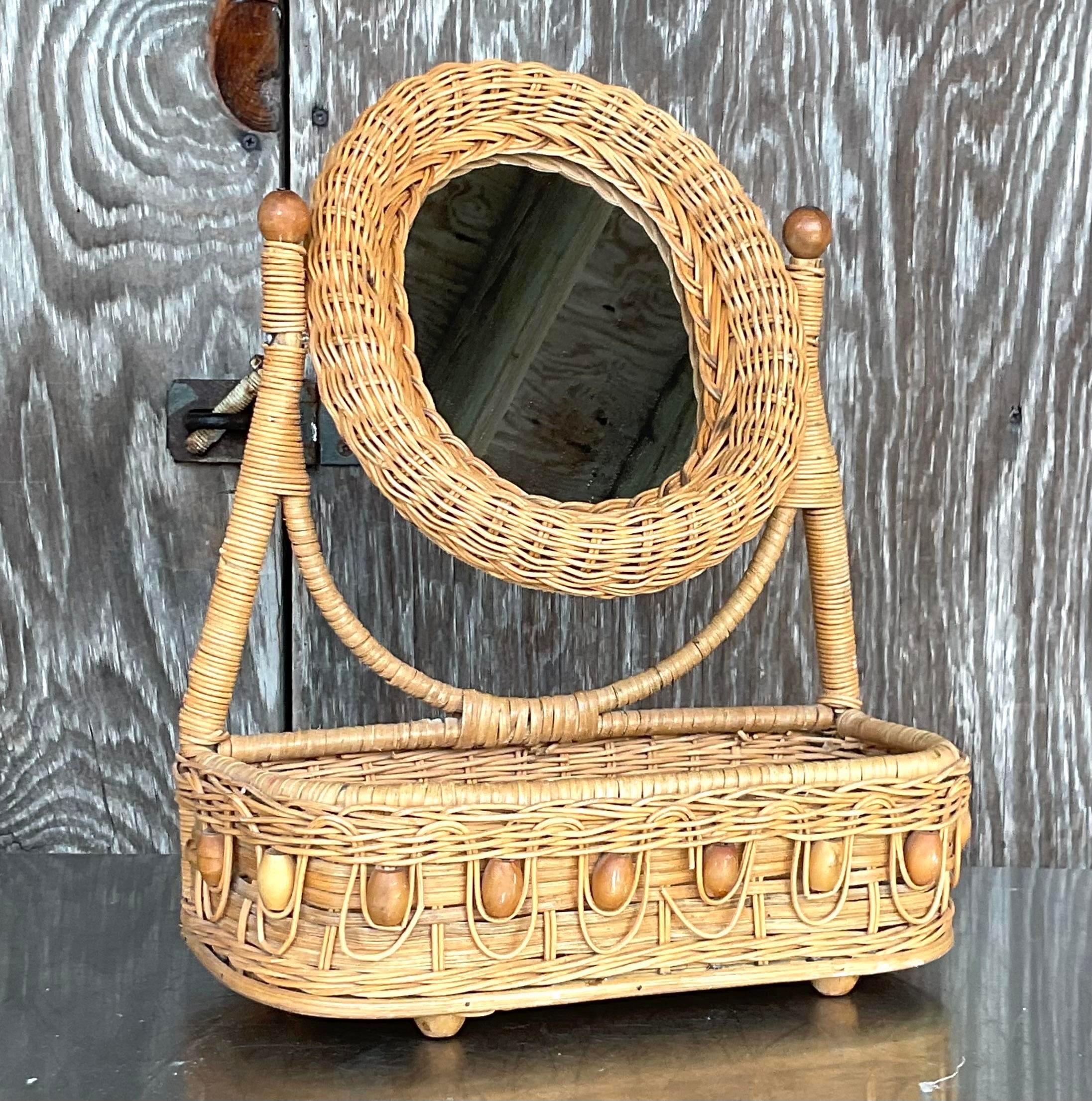 Vintage Coastal Woven Rattan Tabletop Mirror 1