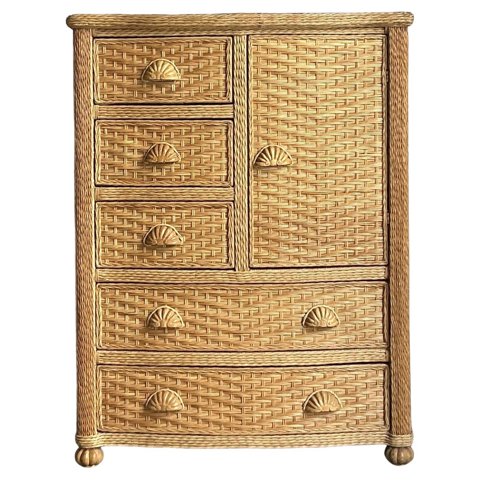 Cassettiera alta in rattan intrecciato Vintage By