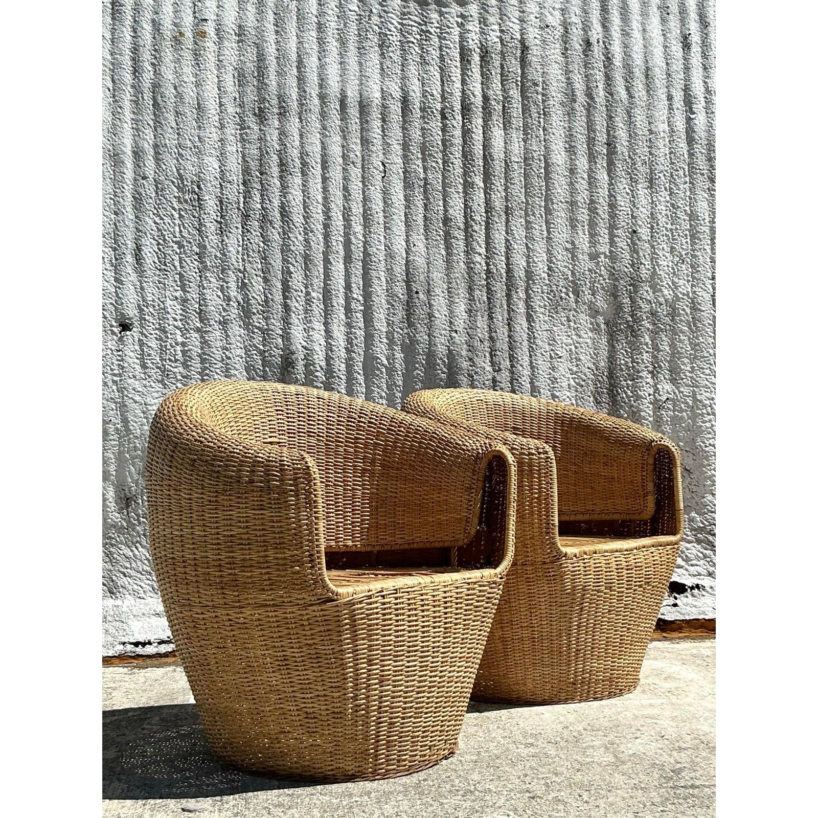 Vintage Coastal Woven Rattan Tub Chairs - A Pair 4