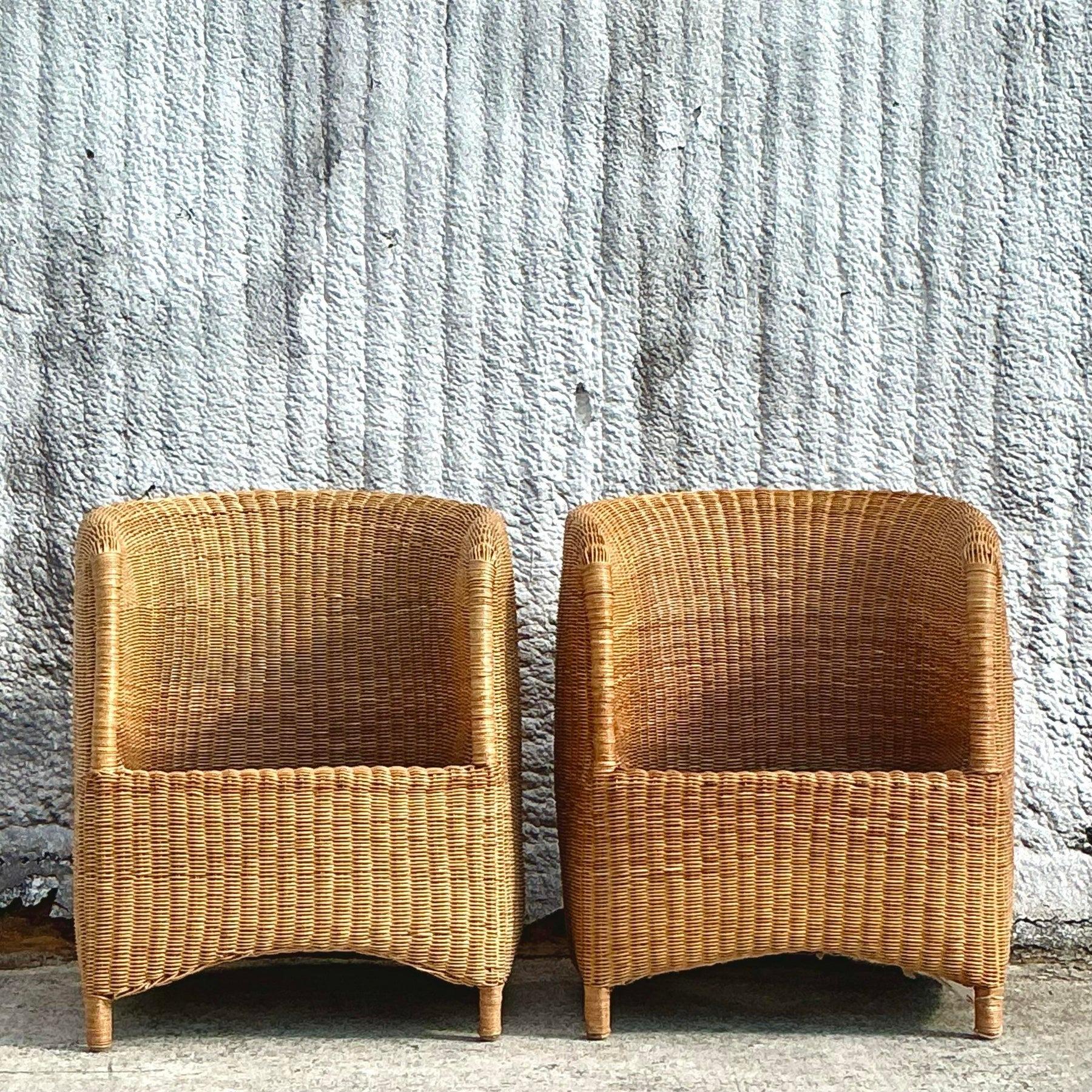 Vintage Coastal Woven Rattan Tub Chairs - a Pair 6
