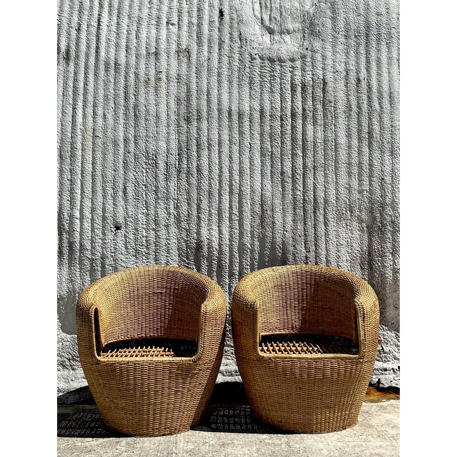 Vintage Coastal Woven Rattan Tub Chairs - A Pair 5