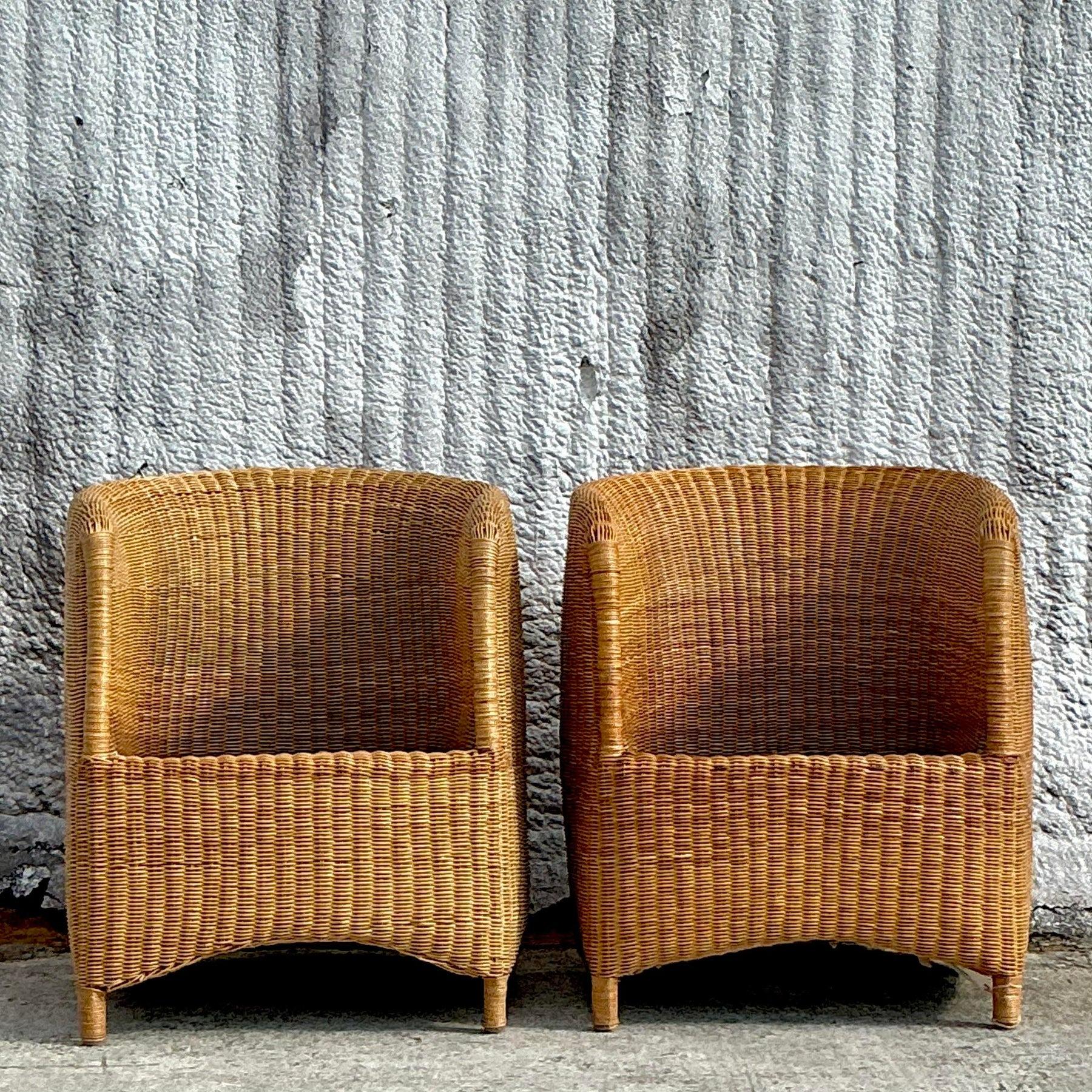 Vintage Coastal Woven Rattan Tub Chairs - a Pair 7