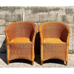 Vintage Coastal Woven Rattan Tub Chairs, a Pair