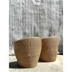 Vintage Coastal Woven Rattan Tub Chairs - A Pair
