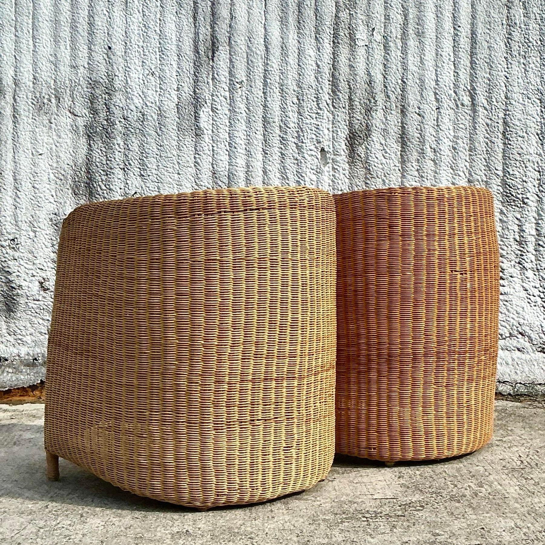 Philippine Vintage Coastal Woven Rattan Tub Chairs - a Pair