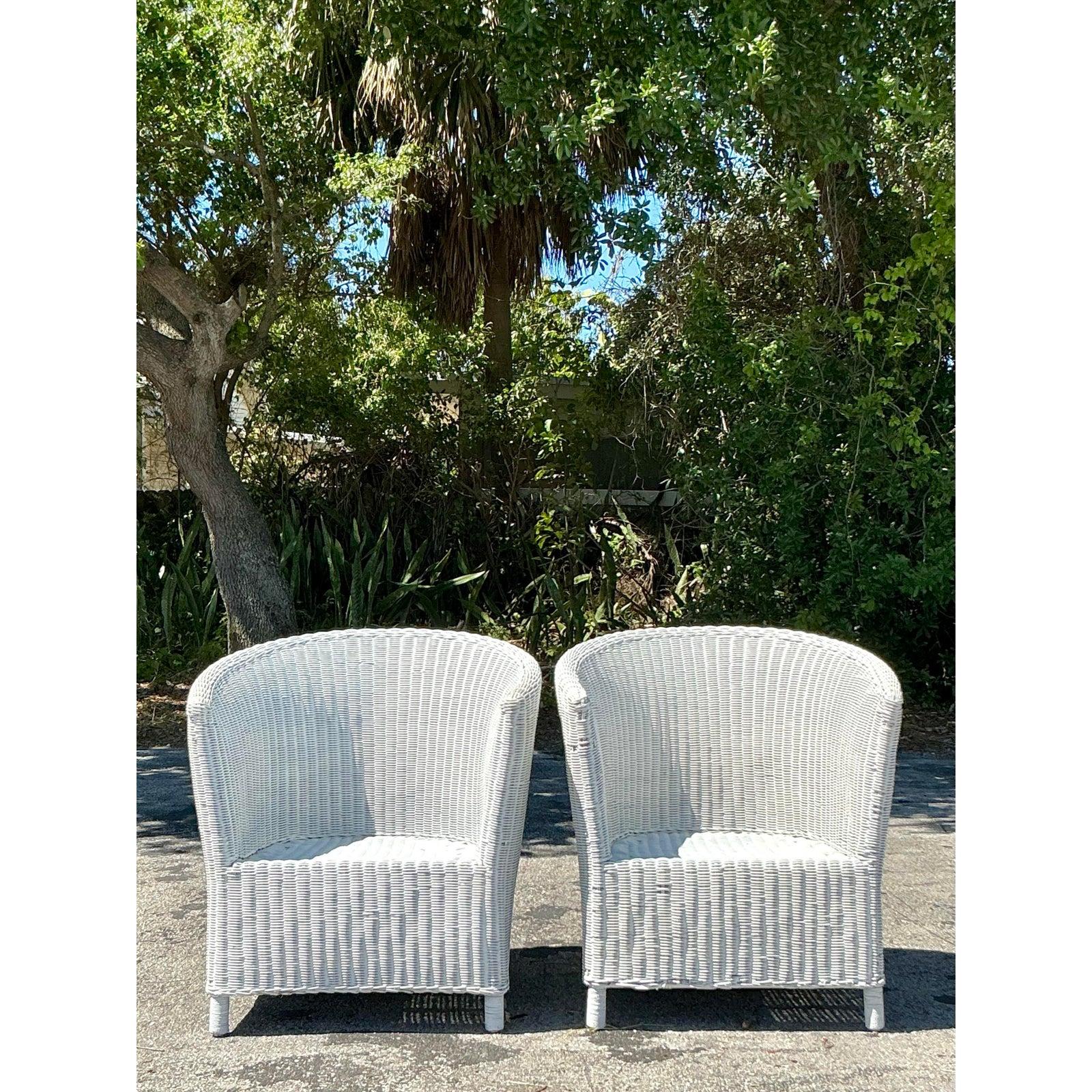 Philippine Vintage Coastal Woven Rattan Tub Chairs - A Pair For Sale