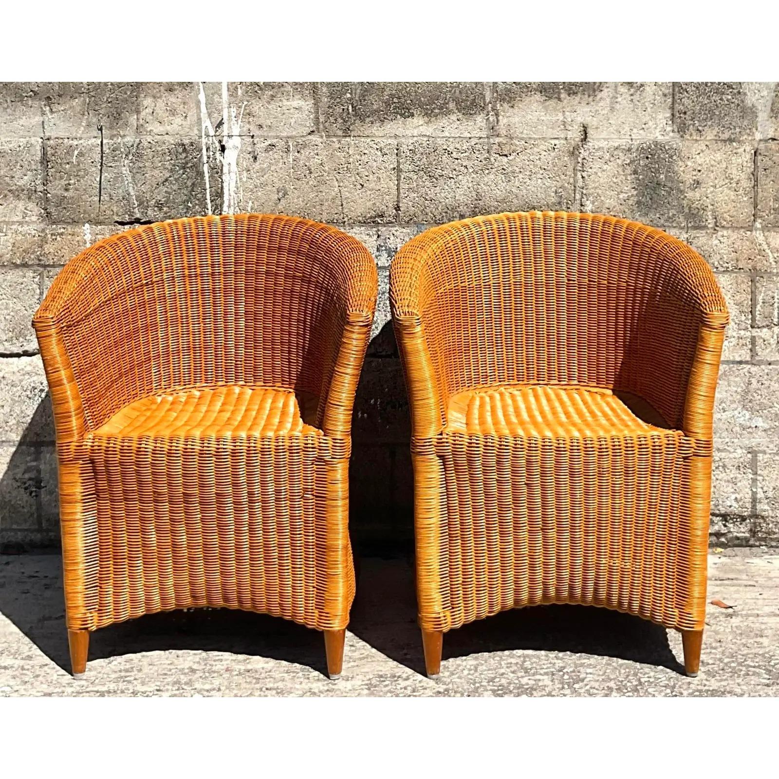 Vintage Coastal Woven Rattan Tub Chairs, a Pair In Good Condition In west palm beach, FL