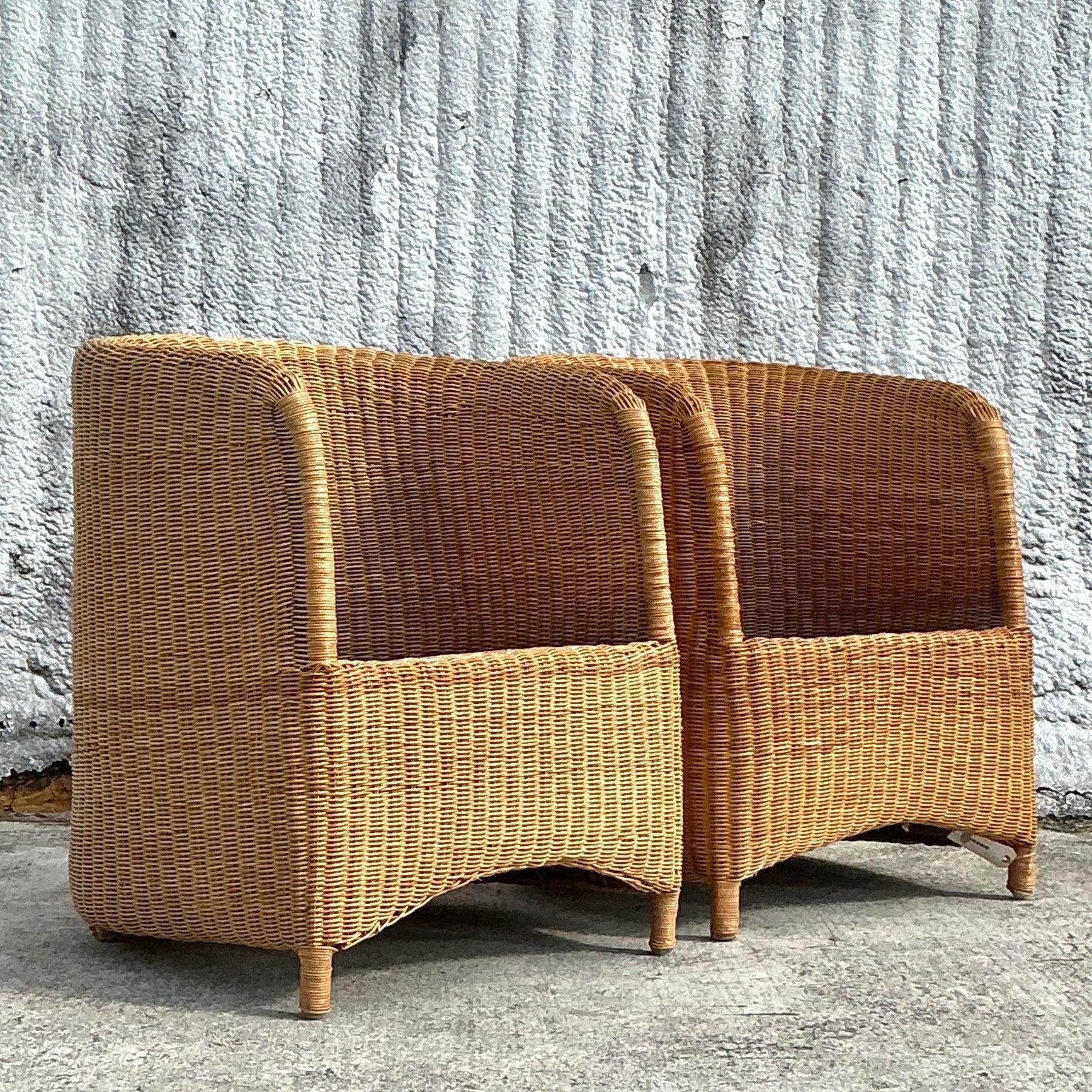 Vintage Coastal Woven Rattan Tub Chairs - a Pair In Good Condition In west palm beach, FL