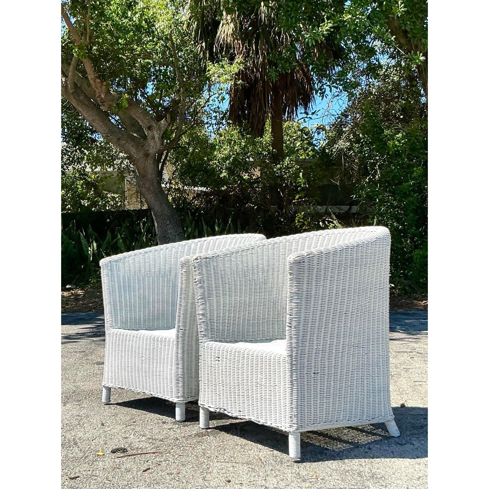 Vintage Coastal Woven Rattan Tub Chairs - A Pair In Good Condition For Sale In west palm beach, FL