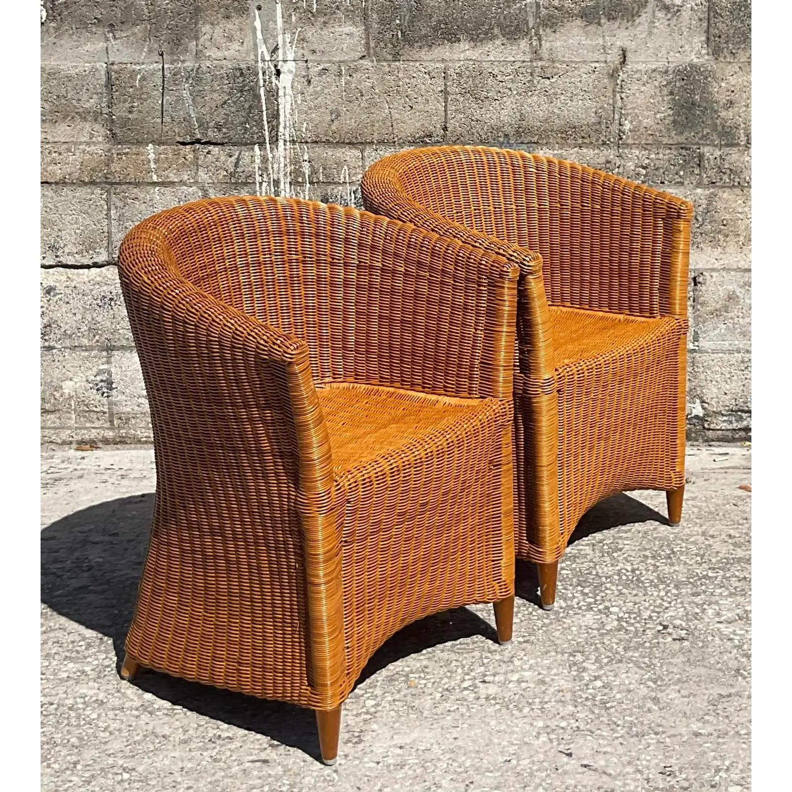 20th Century Vintage Coastal Woven Rattan Tub Chairs, a Pair