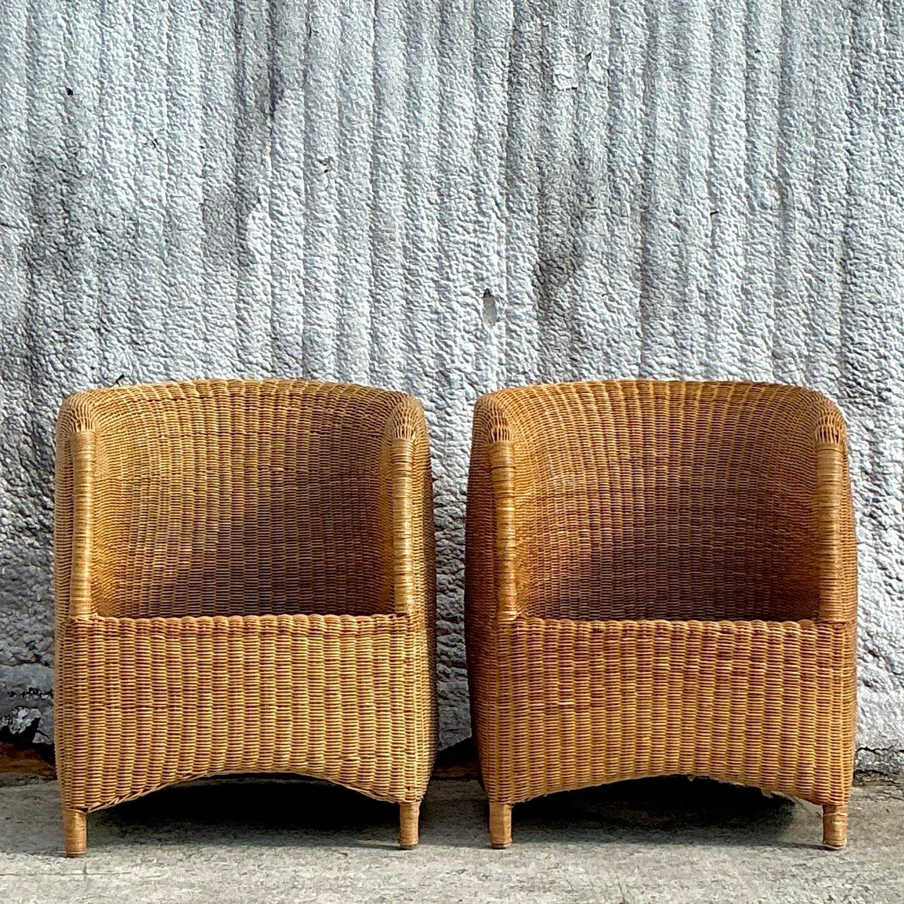 20th Century Vintage Coastal Woven Rattan Tub Chairs - a Pair