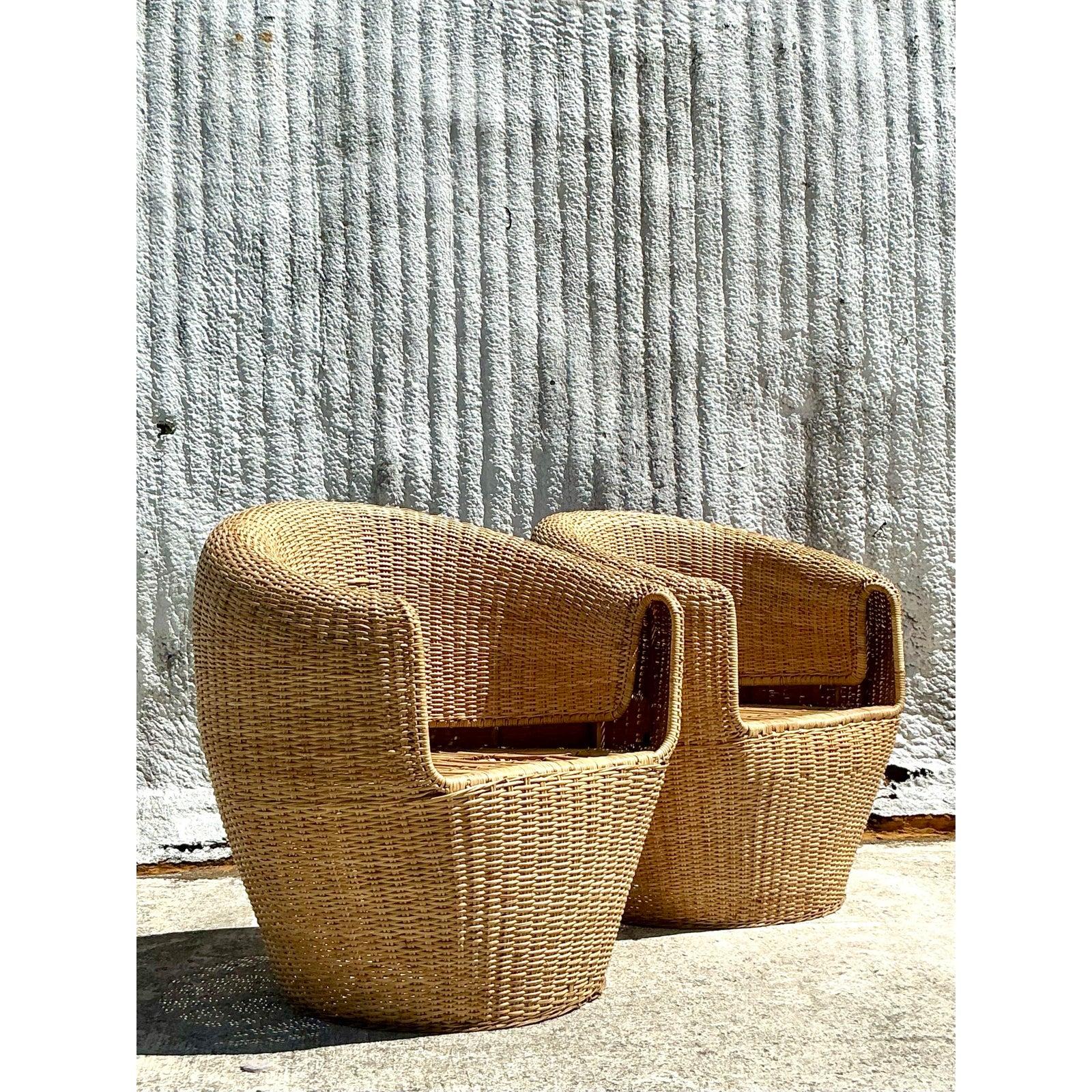 20th Century Vintage Coastal Woven Rattan Tub Chairs - A Pair